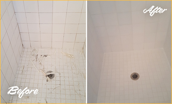 Before and After Picture of a Huntington Beach Bathroom Re-Caulked To Repair Damaged Caulking