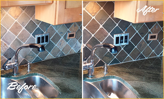 Before and After Picture of a Huntington Beach Backsplash Caulked to Fix and Prevent Water Leaks