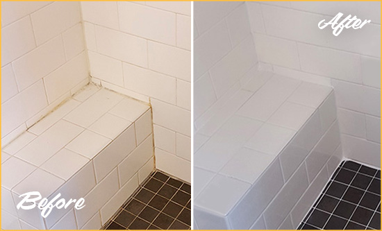 Before and After Picture of a Huntington Beach Shower Seat Caulked to Protect Against Mold and Mildew Growth
