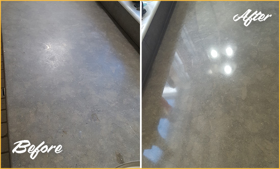 Before and After Picture of a Dull Atwood Limestone Countertop Polished to Recover Its Color