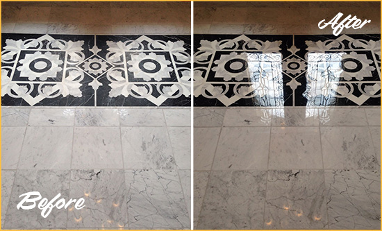 Before and After Picture of a Atwood Marble Stone Floor Polished to a Mirror Shine