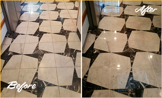 Before and After Picture of a Dull Atwood Marble Stone Floor Polished To Recover Its Luster