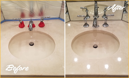 Before and After Picture of a Dull Atwood Marble Stone Vanity Top Polished to Bring-Back Its Sheen