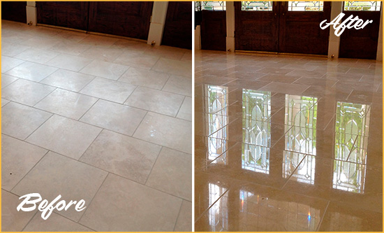 Before and After Picture of a Dull Atwood Travertine Stone Floor Polished to Recover Its Gloss