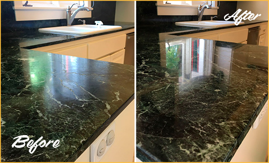 Before and After Picture of a Atwood Marble Stone Counter Polished to Eliminate Water Marks