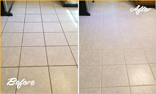 Before and After Picture of a North Tustin Kitchen Ceramic Floor Sealed to Protect From Dirt and Spills
