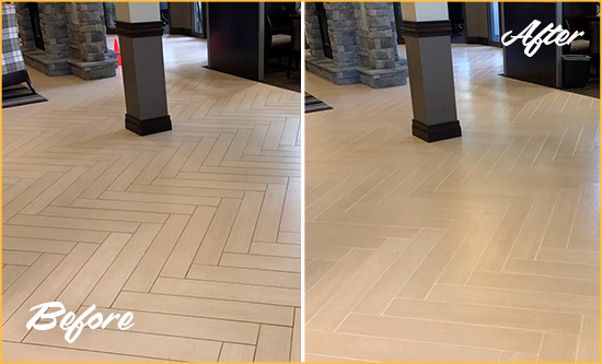 Before and After Picture of a Dirty North Tustin Ceramic Office Lobby Sealed For Extra Protection Against Heavy Foot Traffic