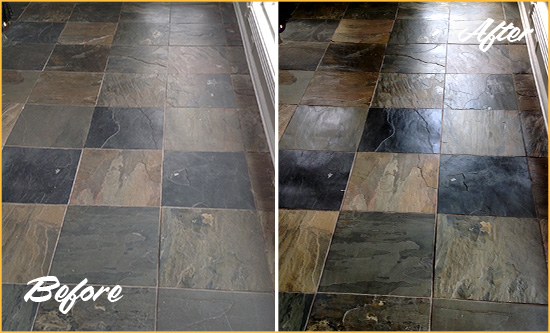 Before and After Picture of a Dull North Tustin Slate Floor Sealed to Bring Back Its Colors