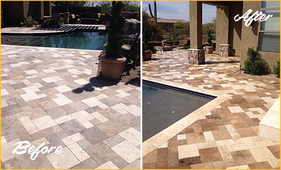 Before and After Picture of a Faded North Tustin Travertine Pool Deck Sealed For Extra Protection