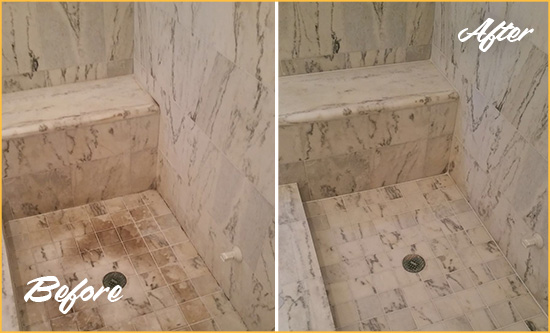 Before and After Picture of a Dirty La Habra Marble Shower Cleaned to Eliminate Dark Stains