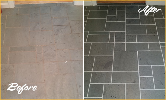 Before and After Picture of a La Habra Slate Floor Cleaned to Remove Deep-Seated Dirt