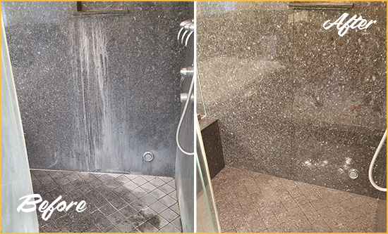 Before and After Picture of a La Habra Granite Shower Cleaned to Remove Mineral Deposits
