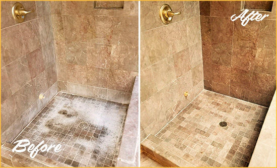 Before and After Picture of a La Habra Travertine Shower Cleaned to Eliminate Water Spots
