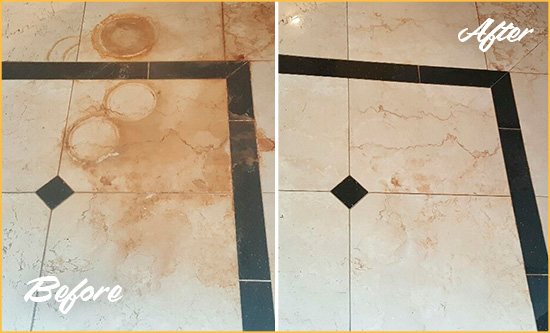 Before and After Picture of a La Habra Marble Floor Cleaned to Eliminate Rust Stains