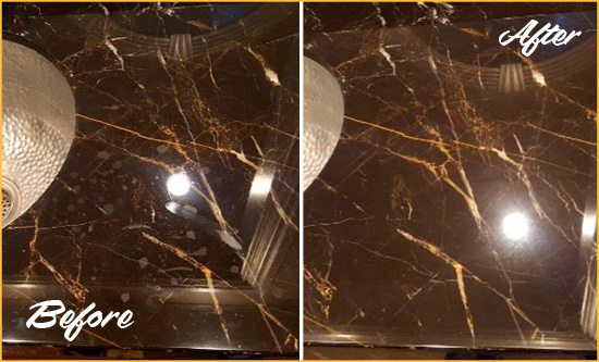Before and After Picture of a La Habra Marble Countertop Cleaned to Remove Water Spots