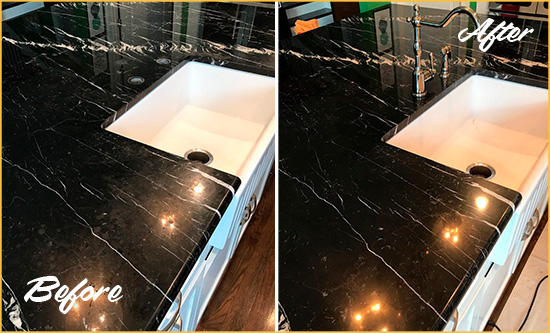 Before and After Picture of a Villa Park Marble Kitchen Countertop Stone Sealed to Avoid Water Damage