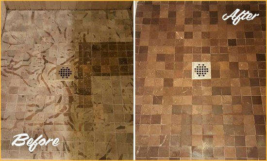 Before and After Picture of a North Tustin Marble Shower Honed to Remove Etching