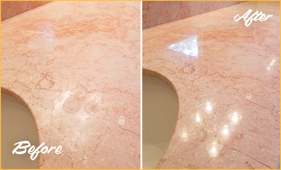 Before and After Picture of a North Tustin Marble Vanity Top Honed to Eliminate Water Spots