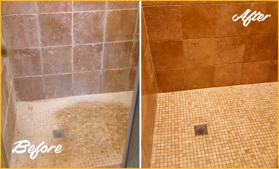 Before and After Picture of a North Tustin Travertine Shower Honed to Remove Mineral Deposits