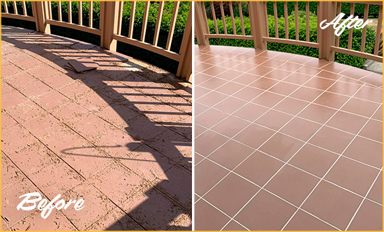 Before and After Picture of a Corona Del Mar Hard Surface Restoration Service on a Tiled Deck