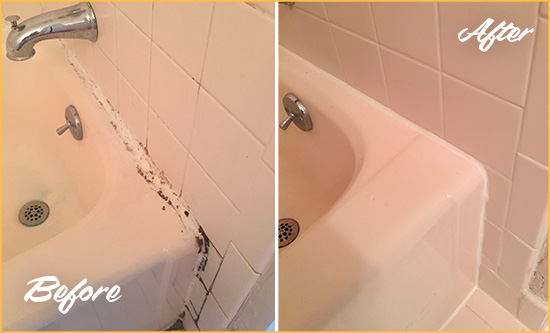 Before and After Picture of a Corona Del Mar Hard Surface Restoration Service on a Tile Shower to Repair Damaged Caulking