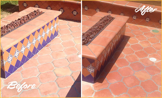 Before and After Picture of a Corona Del Mar Hard Surface Restoration Service on a Dull Terracotta Patio Floor to Recover Its Color