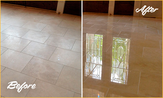 Before and After Picture of a Corona Del Mar Hard Surface Restoration Service on a Dull Travertine Floor Polished to Recover Its Splendor