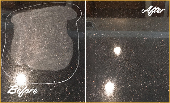 Before and After Picture of a Corona Del Mar Hard Surface Restoration Service on a Granite Countertop to Remove Scratches