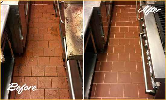 Before and After Picture of a Corona Del Mar Hard Surface Restoration Service on a Restaurant Kitchen Floor to Eliminate Soil and Grease Build-Up