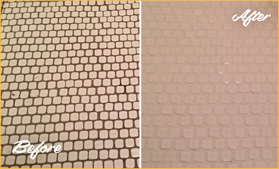 Before and After Picture of a Corona Del Mar Hard Surface Restoration Service on a Bathroom Tile Floor Recolored to Fix Grout Color