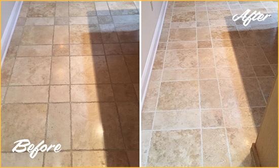Before and After Picture of Corona Del Mar Kitchen Floor Grout Cleaned to Recover Its Color