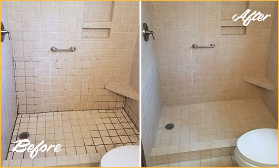 Before and After Picture of a Corona Del Mar Shower Grout Cleaned to Remove Mold