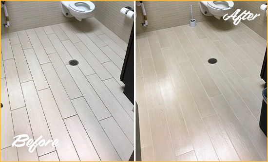 Before and After Picture of a Corona Del Mar Office Restroom's Grout Cleaned to Remove Dirt