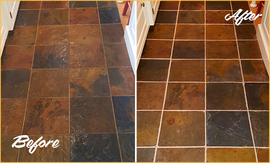 Before and After Picture of Corona Del Mar Slate Floor Grout Cleaned to Remove Dirt
