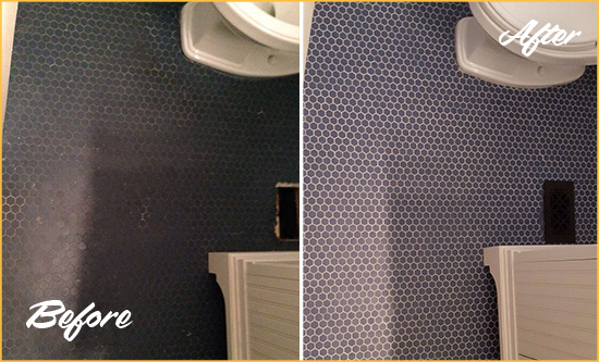 Before and After Picture of a Atwood Blue Tile Floor Recolored Grout