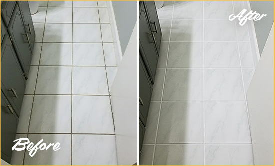 Before and After Picture of a La Palma Bathroom Floor Grout Sealed to Remove Grime