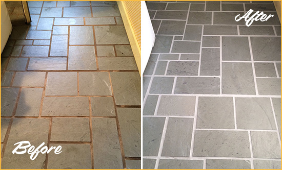 Before and After Picture of Damaged La Palma Slate Floor with Sealed Grout