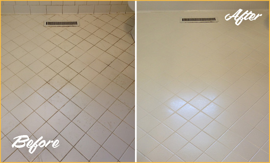 Before and After Picture of a La Palma White Bathroom Floor Grout Sealed for Extra Protection