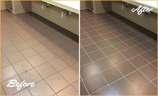 Before and After Picture of Dirty La Palma Office Restroom with Sealed Grout