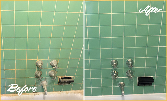 Before and After Picture of a La Palma Bath Tub Grout Sealed to Avoid Water Damage