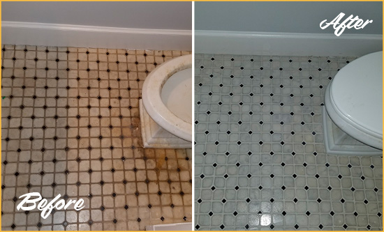 Before and After Picture of a Irvine Bathroom Floor Cleaned to Remove Embedded Dirt