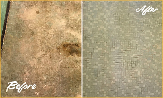 Before and After Picture of a Irvine Mosaic Shower Cleaned to Eliminate Embedded Dirt