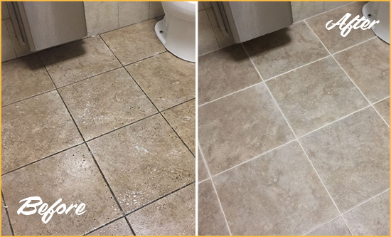 Before and After Picture of a Irvine Restroom Floor Cleaned to Eliminate Dirt