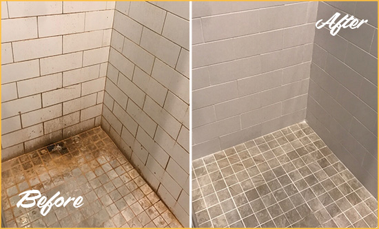 Before and After Picture of a Irvine Ceramic Shower Cleaned to Eliminate Rust Stains