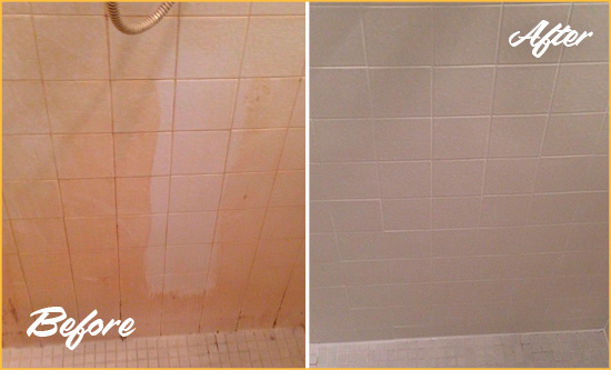 Before and After Picture of a Irvine Porcelaine Shower Cleaned to Remove Soap Scum
