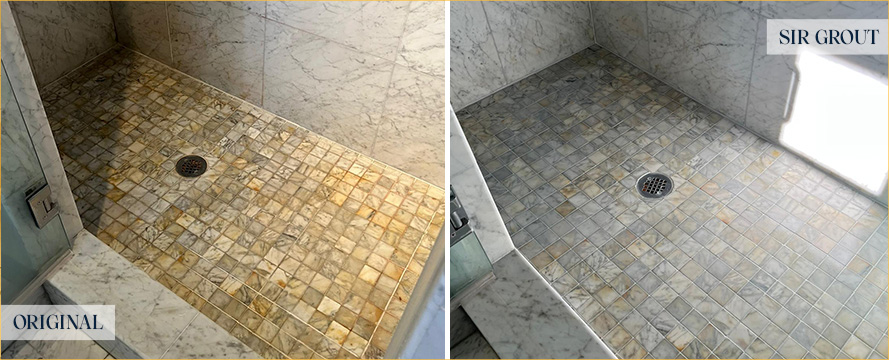 Tile Shower Before and After a Grout Cleaning in Laguna Niguel