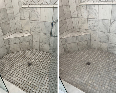 Marble Shower Before and After a Grout Recoloring in Irvine