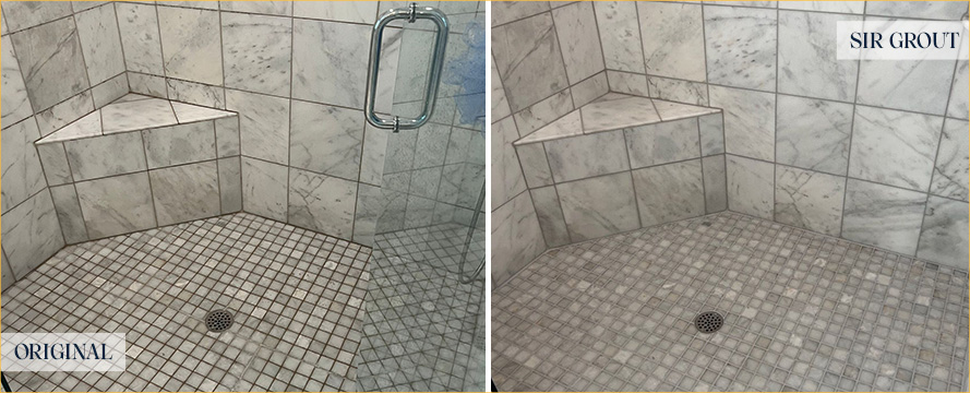 Marble Shower Before and After a Grout Recoloring in Irvine