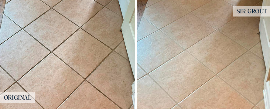 Floor Before and After a Flawless Grout Recoloring in Fullerton, CA