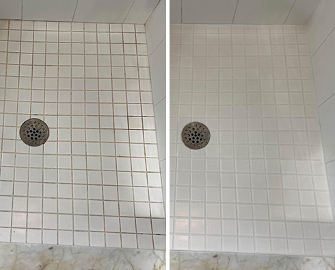 Shower Floor Before and After Our Tustin Grout Cleaning Service